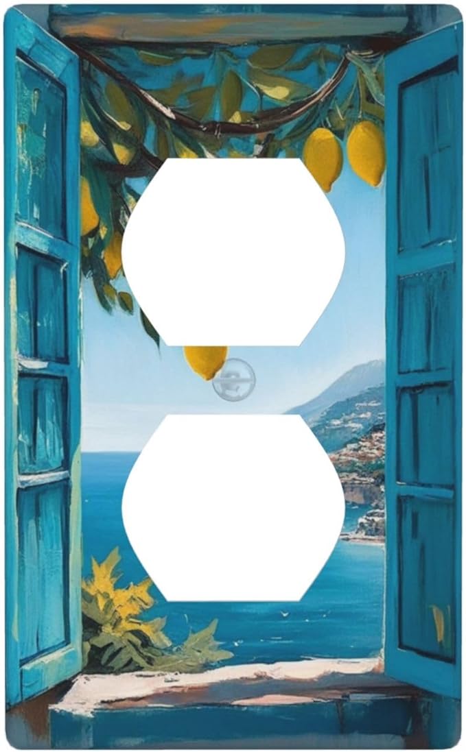 Decorative Art Light Switch Covers Seaside Window with Lemons 1 Gang Single Duplex Outlet Wall Plate Switchplate Electrical Faceplate for Home Decor