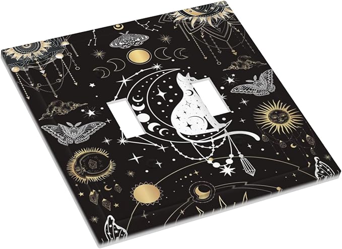 White Cat Tarot Moon Phases Moth Celestial Gothic Decorative Switch Plates 2 Gang Double Toggle Outlet Light Switch Cover Wall Plate Electrical Faceplate for Kids Room Bedroom Decor