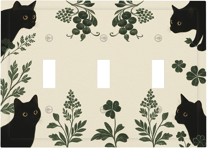 Decorative Light Switch Cover Plate Funny Black Cat Green Leaf 3 Gang Wall Plates for Electrical Outlets Triple Toggle Switch Plate Covers Outlet Covers Faceplate for Bedroom Home Decor