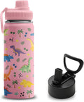 Dinosaur Gifts for Girls, 18 oz Stainless Steel Water Bottles with 2 Lids, Insulated Water Bottle with Straw, Cute Dinosaurs Water Bottles for School Outdoor Travel, Pink Dinosaur Cups Gifts