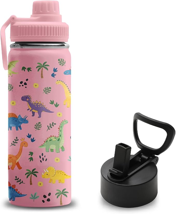 Dinosaur Gifts for Girls, 18 oz Stainless Steel Water Bottles with 2 Lids, Insulated Water Bottle with Straw, Cute Dinosaurs Water Bottles for School Outdoor Travel, Pink Dinosaur Cups Gifts