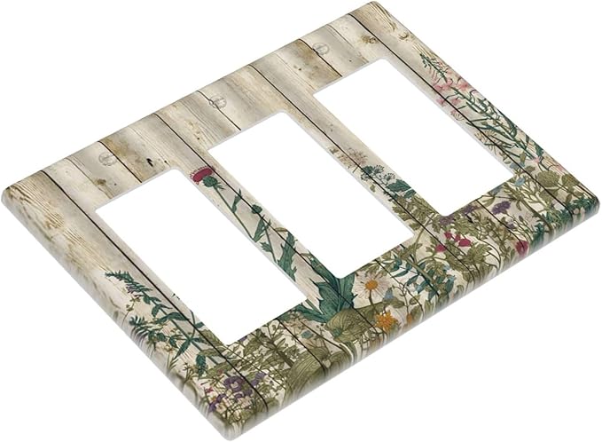Vintage Wild Flowers Botanical Green Leaves Plants 3 Gang Rocker Light Switch Covers Decorative Rustic Wood Plank Triple Outlet Wall Plate Cover Faceplate Decorative Switchplate GFCI for Farmhouse