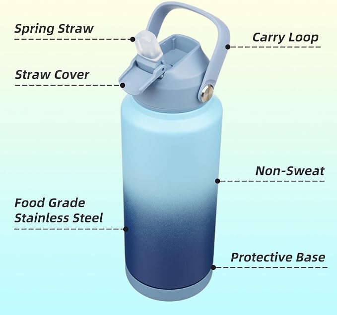 Konokyo Insulated Water Bottle with Straw Lid,32 oz Stainless Steel Vacuum Metal Bottle with Silicone Handle, Sky