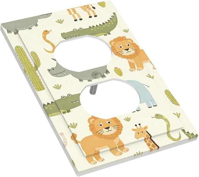 Playful African Safari Animals Duplex Wall Plate - 1-Gang Standard US Size Cute Hippo Crocodile Lion Elephant And Giraffe Funny Wildlife Outlet Covers for Boys & Girls Room Decor