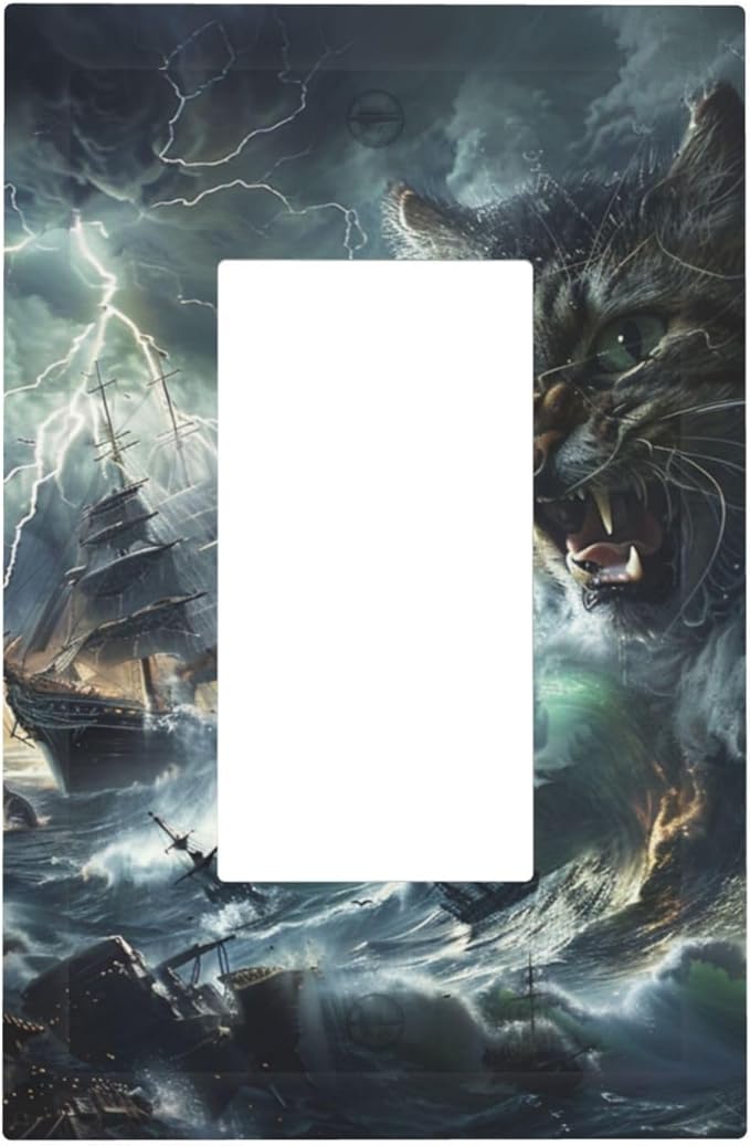 Light Switch Cover Plate funny Cat Stormy sea Lightning Sailboats 1 Gang Outlet Covers Single Rocker Decorative Switch plates Electrical Wall Plates GFCI Receptacle for Bathroom Kid Room