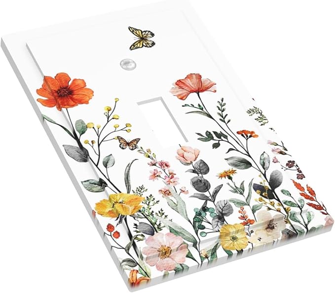 Vintage Floral Colorful Butterfly Wild Flowers Decorative Light Switch Cover 1-Gang Vibrant Spring Vibrant Blossom Single Toggle Wall Plate Electrical Device Outlet Switch Faceplate Cover Jumbo Size