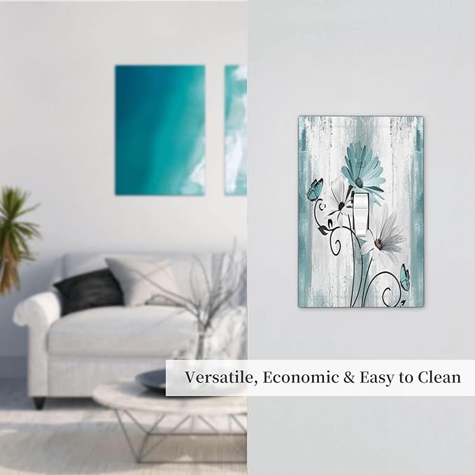 Light Switch Cover Plate Teal Daisy Floral Butterfly Vintage Wood 1 Gang Single Toggle Decorative Switch Plates Wall Plates Electrical Faceplate Socket Covers for Bathroom Bedroom Decor