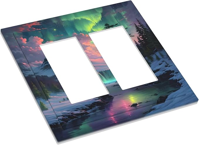 Snow Mountain Aurora Waterfalls Rivers Forest Decorative Outlet Covers 2 Gang Double GFCI Rocker Electrical Wall Panels Light Switch Cover Plate for Bedroom Living Room Decor