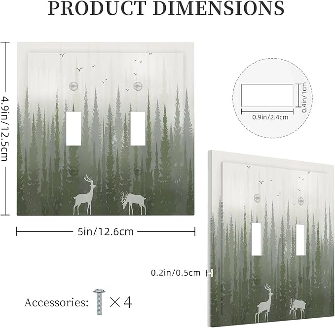 Green Pine Tree Deer Country forest Bird Nature Mist Decorative Switch Plates 2 Gang Double Toggle Wall Plate Electrical Faceplate Outlet Light Switch Cover for Bedroom Home Decor