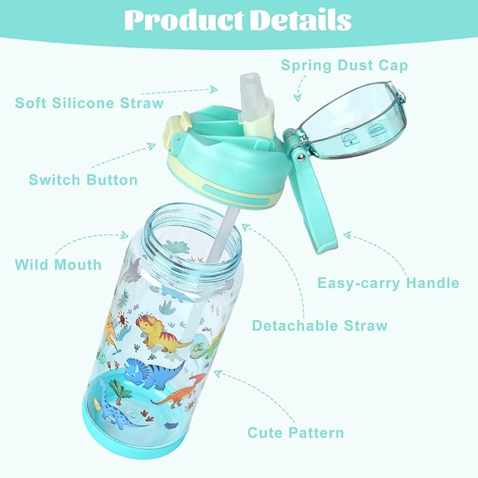 decalsweet Kids Water Bottle 20oz Durable Leak-Proof Plastic Water Cup for Kids Toddlers,With Straw Handle and Pop-Up Spout Cover,Safe for School Sports Daycare Travel & Camp