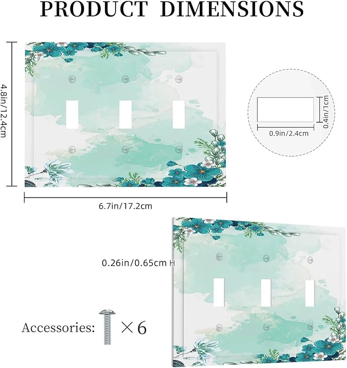 Decorative Switch Plates Blue Green Flowers Light Green Watercolor Patterns 3 Gang Wall Plate Faceplate Triple Toggle Light Switch Cover Electrical Wall Panels for Bedroom Home Decor