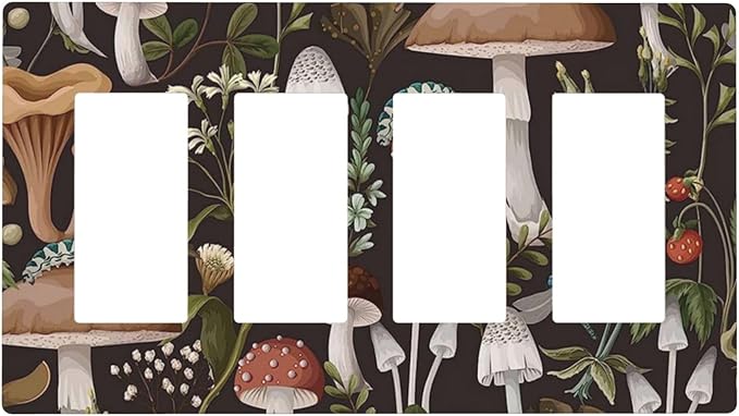 Vintage Boho Hippie Plant Mushroom 4 Gang Quad Rocker Light Switch Cover Plate Decorative Electric Faceplate Switchplate Living Room Bedroom Decorate Jumbo Screwless