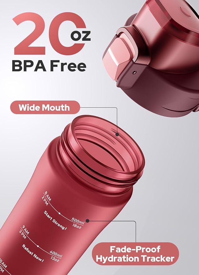 Opard Zip 20oz Plastic Water Bottle Dishwasher Safe, Leakproof Flip-Top Lid, BPA Free Tritan, Wide Mouth Reusable Kids Water Bottle for School Hiking Commuting Outdoor Travel and Gym
