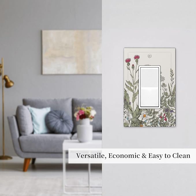1 Gang Single GFCI/Decorator Rocker Outlet Light Switch Wall Plate Cover Vintage Rustic Spring Floral Spring Flowers Leaf Botanical Herbs Wildflower Decorative One Device Electrical Faceplate Dimmer
