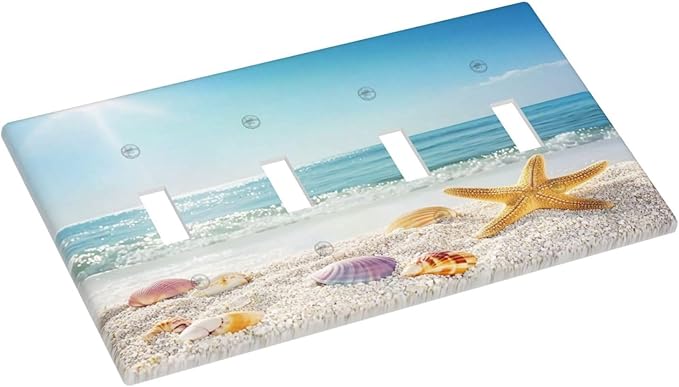 Light Switch Covers Summer Beach Colorful Seashell Starfish Quad Toggle Electrical Faceplate 4 Gang Wall Plate Decorative Switch Plates For Kids Room Nursery Decor