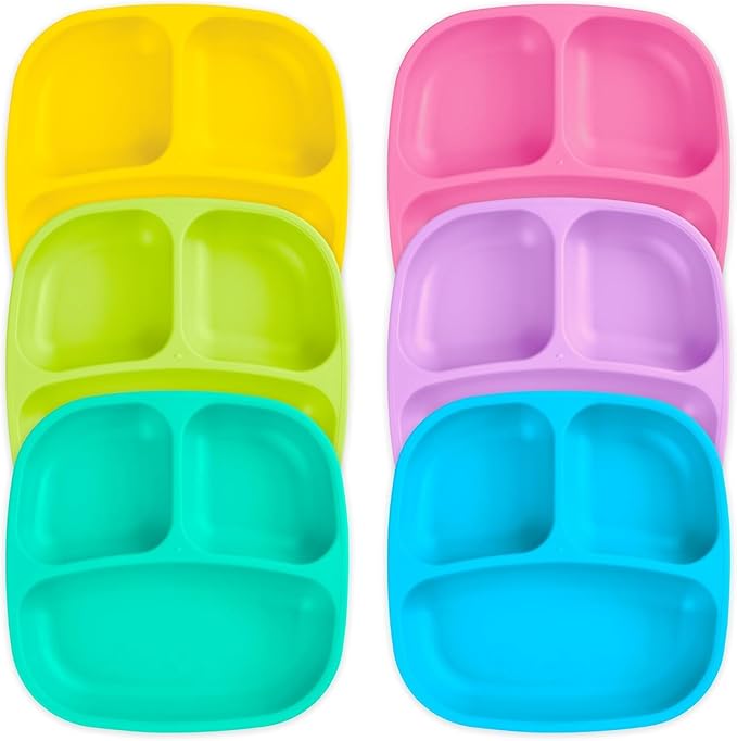 Re-Play Dinnerware Set for Toddlers – 6 Deep-Walled Divided Compartment Plates and 6 Stackable Bowls for Snack and Everyday Dining – Dishwasher/Microwave Safe – Made in USA – Sorbet