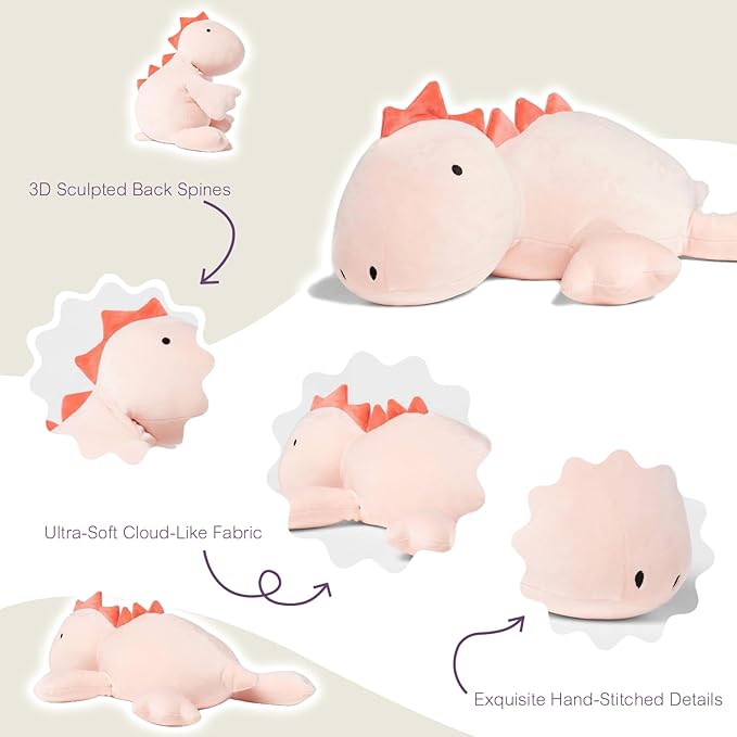 OSOCU® Microwavable Heating Pad Pink Stegosaurus Plush - 1.4 Lb Weighted Stuffed Animal Toy with Tourmaline Beads & Lavender - 16" Squished Long Dinosaur Pillow - Lumbar Back Cushion Lasting Warmth