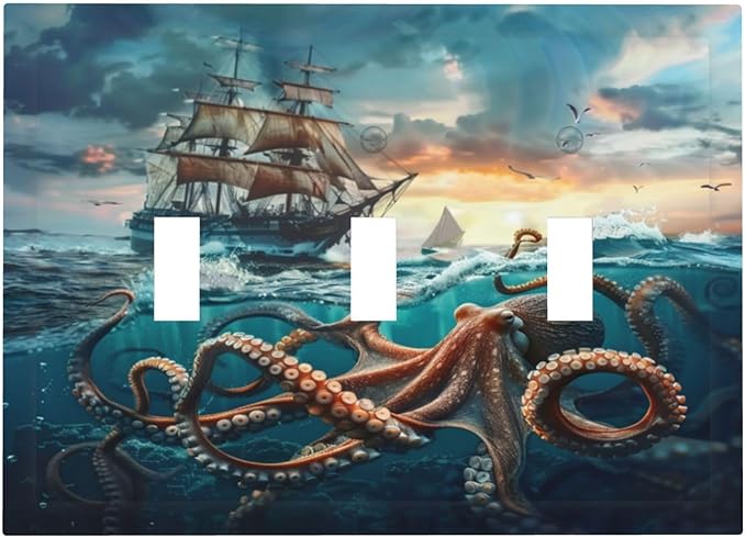 Light Switch Cover Plate Sailboat Ship Octopus Ocean Sea Waves 3 Gang Triple Toggle Decorative Switch Plates Wall Plates Electrical Switchplate Faceplate for Bathroom Bedroom Decor