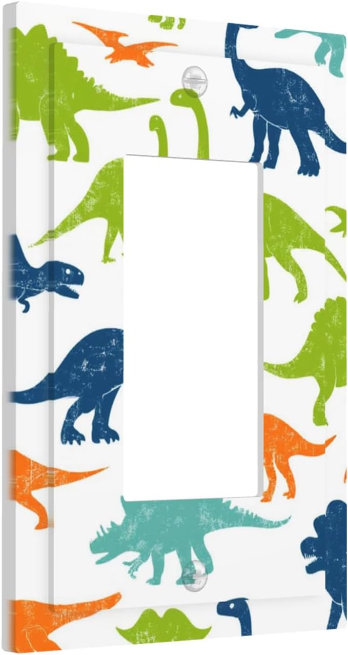 Colorful Dinosaur Single Rocker Switch Cover - 1-Gang Standard US Size Playful Dino Friends Light Switch Covers for Teen Boys Bedroom Playroom Decor