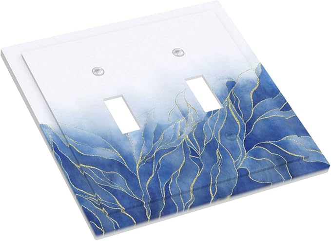 Light Switch Cover Plate Blue Gold Leaf Marble Modern Abstract 2 Gang Double Toggle Decorative Switch Plates Plug Cover Wall Plates Electrical Faceplate for Kitchen Bathroom Decor