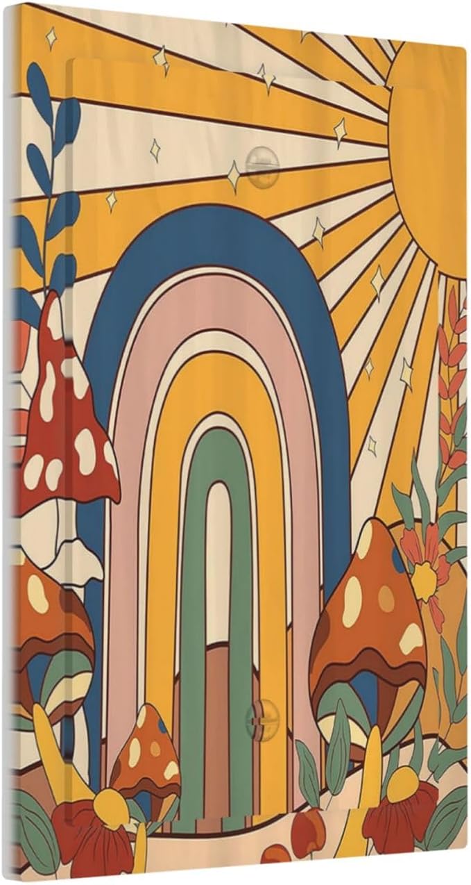 Light Switch Cover Plate Mushroom Hippie Sun Rainbow Vintage Floral Funky Boho 1 Gang No Device Blank Electrical Wall Plates Faceplate Decorative Switch Plate for Bedroom Kids room Decor