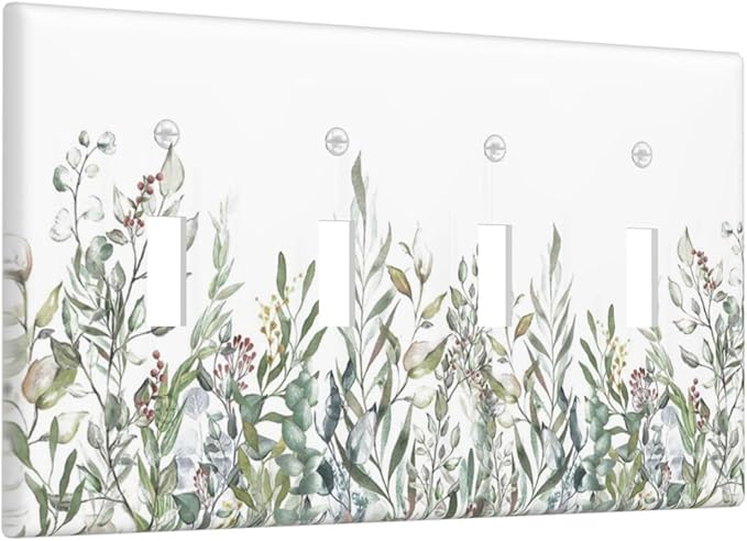 Wildflower Garden Rustic Green Leaf Floral Light Switch Covers Quad Toggle Electrical Faceplate 4 Gang Wall Plate Decorative Switch Plates for Bed Room Living Room Decor