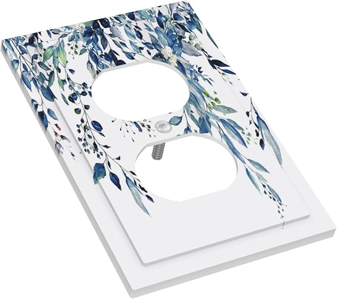 Blue Eucalyptus Watercolor Leaves 1 Gang Outlet Plate Covers Decorative Single Duplex Wall Plate Electrical Receptacle Light Switch Cover Art Faceplate Switchplate for Bedroom Living Room Decor