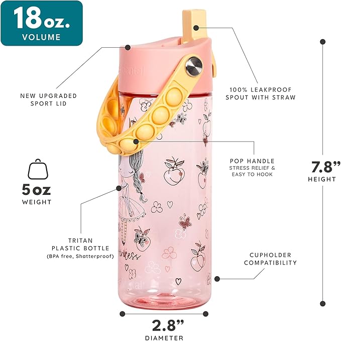 Elemental Water Bottles for Kids - Splash Kids Water Bottle for School with Pop-it Handle - BPA Free Tritan Plastic Water Bottle with Straw Leak Proof when Spout is Closed - Little Princess - 18oz
