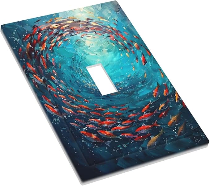 Ocean Fish School Of Fish Vortex Deep Sea Decorative Light Switch Cover 1 Gang Single Toggle Device Electrical Faceplate Switchplates Decorator Outlet Wall Plate for Kids Room Bedroom Decor