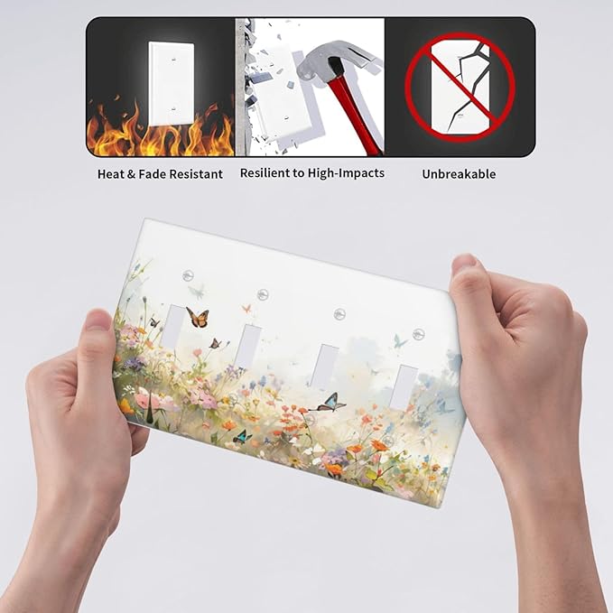 Wildflowers Watercolor Floral Colorful Butterfly Light Switch Covers Quad Toggle Electrical Faceplate 4 Gang Wall Plate Decorative Switch Plates for Farmhouse Bed Room Decor