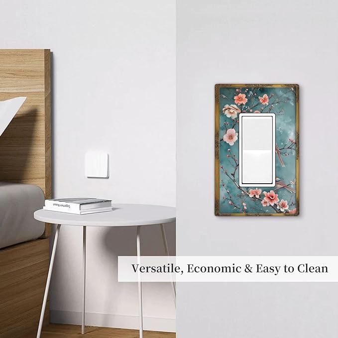 Decorative Art Light Switch Covers Vintage Chinoiserie Oriental - Teal Birds and Floral Branch 1 Gang Rocker Outlet Wall Plate Switchplate Electrical Faceplate for Home Decor