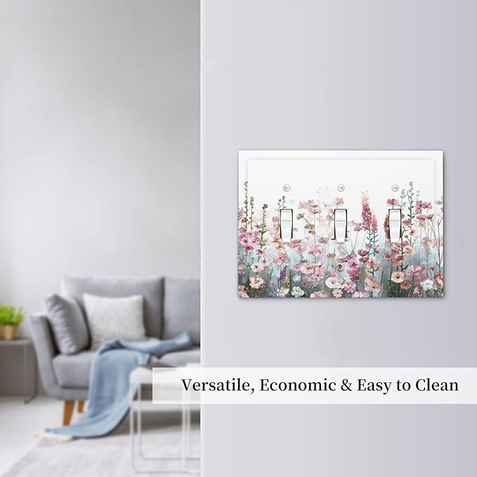 Colorful Flowers Pink Floral Watercolor Plant Decorative Switch Plates 3 Gang Wall Plate Triple Toggle Light Switch Cover Faceplate Electrical Wall Panels for Bed Room Living Room Decor