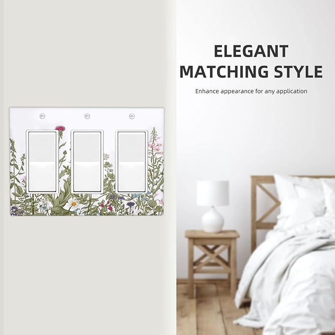 Rustic Wild Floral Vintage Teal Botanical Triple Rocker Light Switch Plate Covers Decorative 3 Gang Decora Wall Plate Gifi Lightswitch Faceplate for Bathroom Kitchen 6.38" X 4.9"