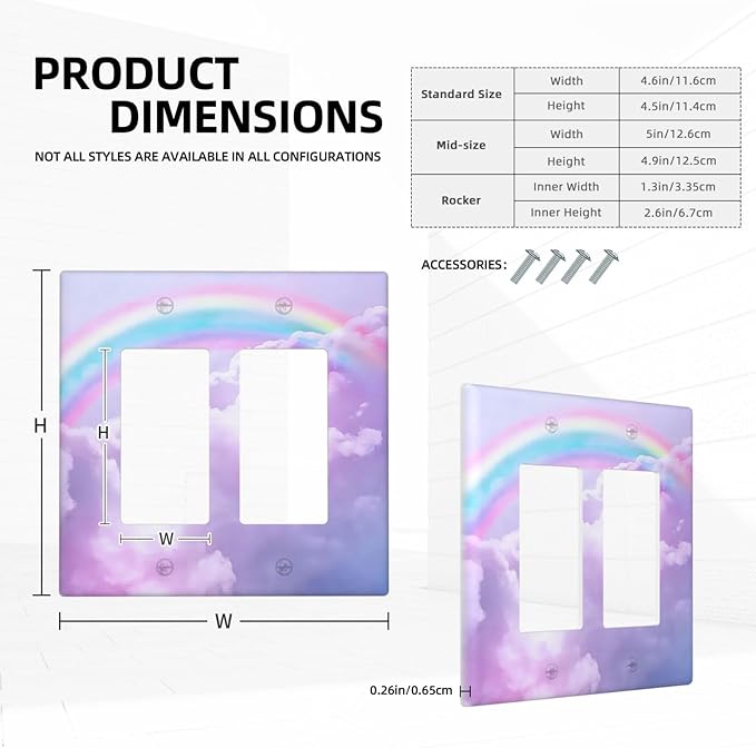 Rainbow in the Clouds Double Rocker Wall Plates Pink Art Panel 2 Gang Light Switch Cover Decorative Purple Cloud GFCI Electrical Switchplate Cute Dimmer for Bedroom Kidroom Nursery Decor