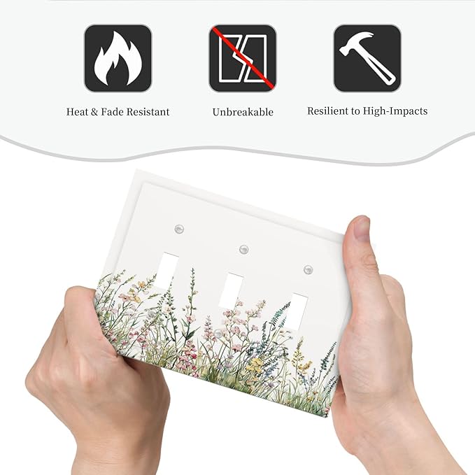 Decorative Switch Plates Boho Wildflower Green Leaves Rustic Floral Botanical 3 Gang Wall Plate Faceplate Triple Toggle Light Switch Cover Electrical Wall Panels for Bedroom living Room Decor