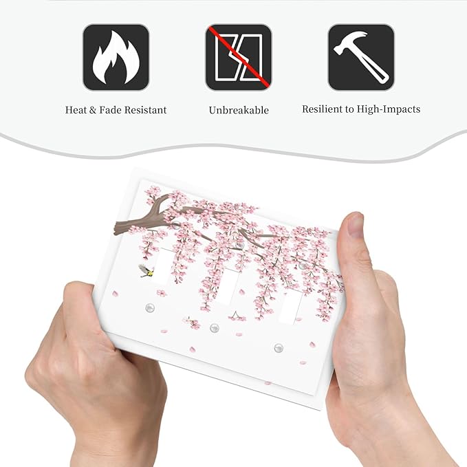 Pink Flower Tree Branch Cherry Blossom Tree Floral Birds Decorative Switch Plates 3 Gang Wall Plate Triple Toggle Light Switch Cover Faceplate Electrical Wall Panels for Bedroom Living Room Decor