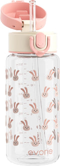 Evorie Tritan Kids Water Bottle with Straw, 13oz BPA-Free Leak Proof Drinking Bottle for School & Travel, Clear Water Bottle with Carry Strap, Dishwasher Safe, for Kids Ages 3+ (Pink Rabbit)