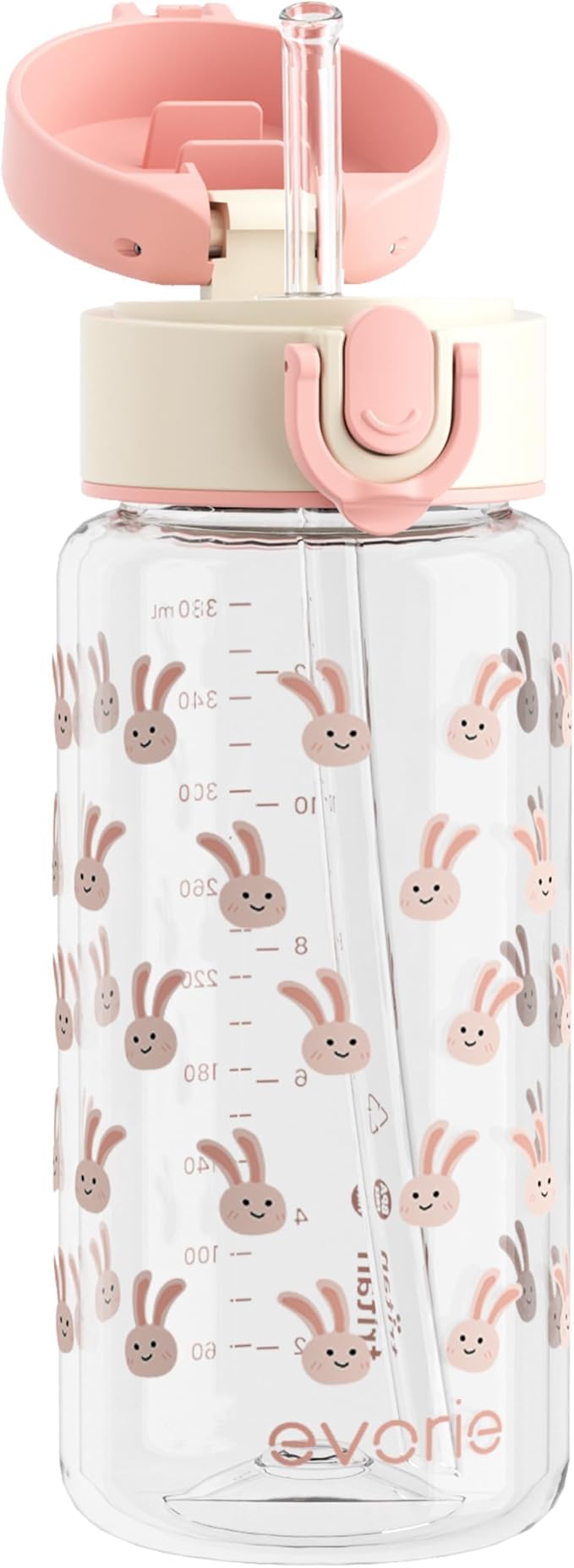 Evorie Tritan Kids Water Bottle with Straw, 13oz BPA-Free Leak Proof Drinking Bottle for School & Travel, Clear Water Bottle with Carry Strap, Dishwasher Safe, for Kids Ages 3+ (Pink Rabbit)