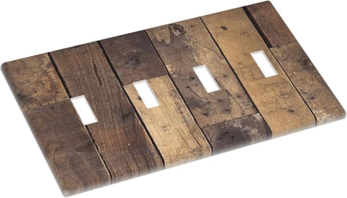 Cool Brown Wood Style Vintage Rustic Print Light Switch Covers Quad Toggle Electrical Faceplate 4 Gang Wall Plate Decorative Switch Plates for Farmhouse Home Decor