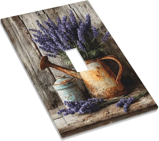 Rustic Flowers Lavender Purple Floral Oil Painting Decorative Light Switch Cover 1 Gang Single Toggle Device Electrical Faceplate Switchplates Decorator Outlet Wall Plate for Farmhouse Bedroom Decor