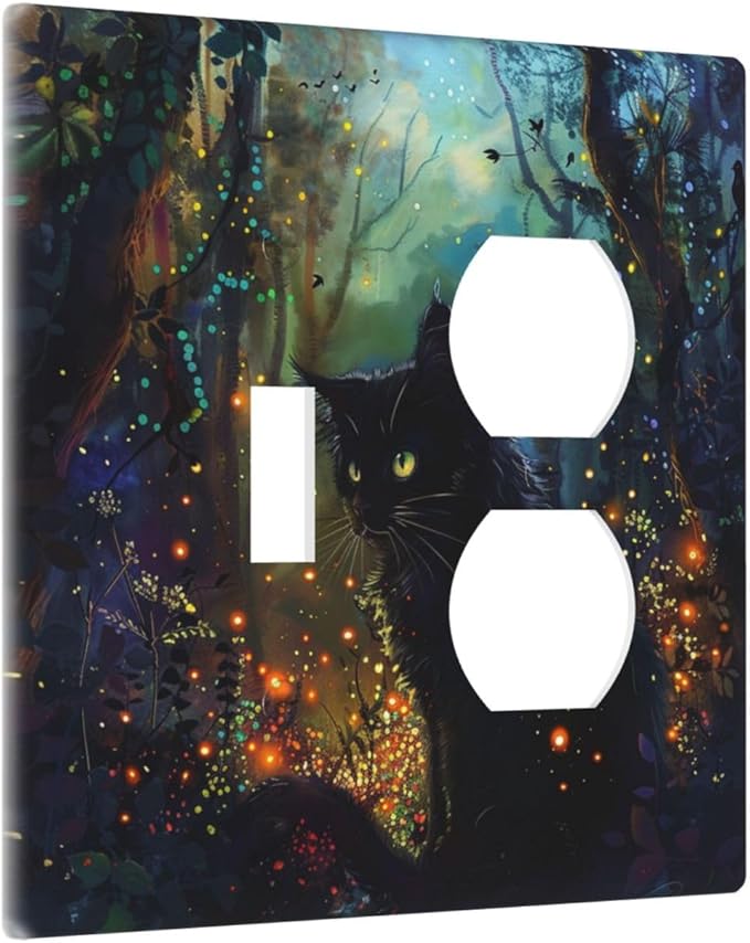 Light Switch Cover Plate Magic Fantasy Forest Mysterious Black Cat 2 Gang Decorative Switch Plates 1 Toggle Duplex Combo Outlet Covers GFCI Wall Plates for Kid Room Bathroom Decor