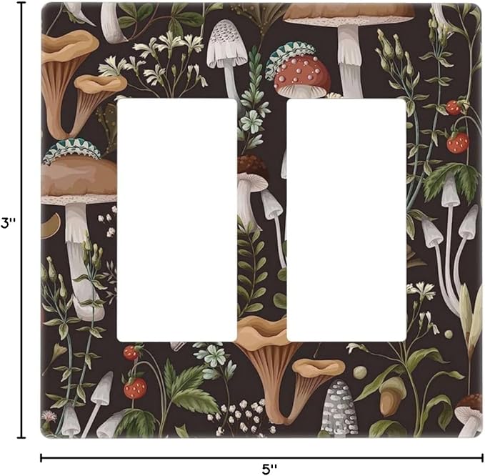 Vintage Boho Hippie Plant Mushroom 2 Gang Double Rocker/Decora Light Switch Cover Decorative Outlet Wall Plate Electrical Faceplate Home Family Art Decor Screwless