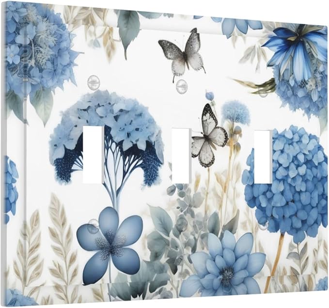 Blue Floral Hydrangea Floral Butterfly Flower Plant Decorative Switch Plates 3 Gang Wall Plate Triple Toggle Light Switch Cover Faceplate Electrical Wall Panels for Bedroom Living Room Decor
