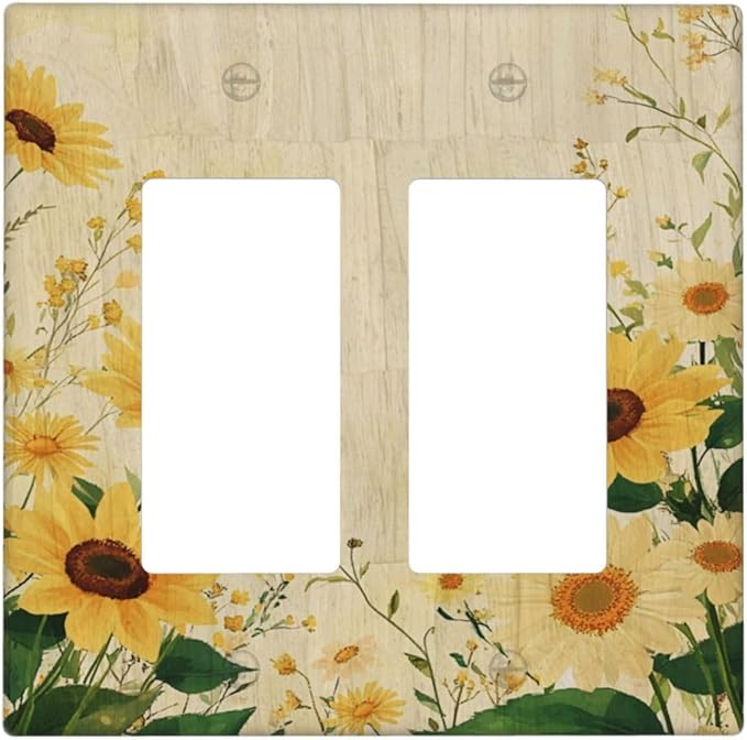 Decorative Outlet Covers with Vintage Botanical Sunflower Field Design 2 Gang Wall Plate Double Rocker Light Switch Cover Switch Plate Cover for Nature Yellow Blooms Wall Decor