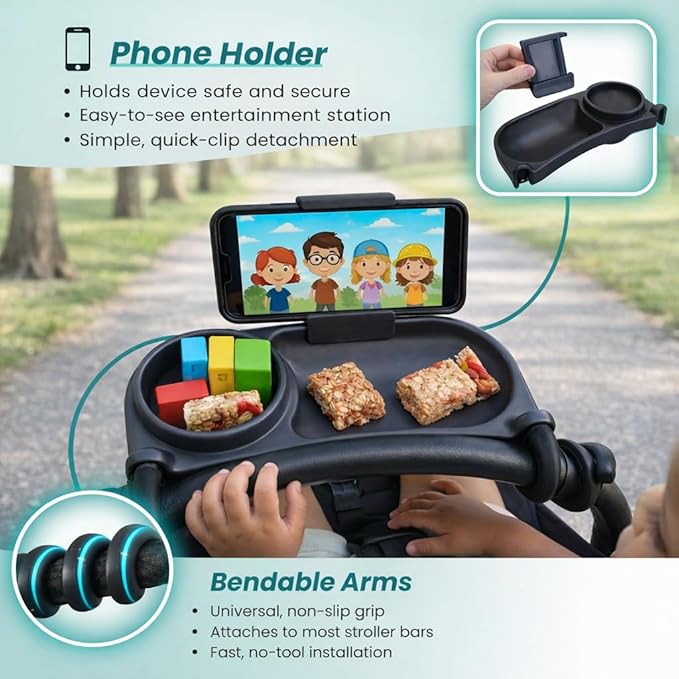 Universal Stroller Snack Tray | Stroller Cup Holder | Silicone Flexible Arms Grip Stroller Bumper Bar Stays in Place Stroller Tray Attachment (2-Pack Snack Tray with Phone Holder Black)