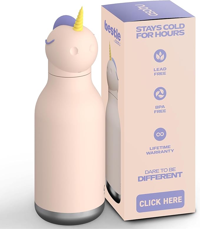 asobu Bestie Bottle Insulated Stainless Steel Water Bottle with Detachable Soft Animal Head Fun Drinking For Kids and Teens with Flexible Reusable Straw 16 Ounce