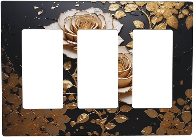 Decorative Outlet Covers Big Golden White Roses Glod Leaves Black Background 3 Gang Wall Plate Triple Rocker Switch Light Switch Plate Covers Jumbo Electrical GFCI Switch Cover Plate