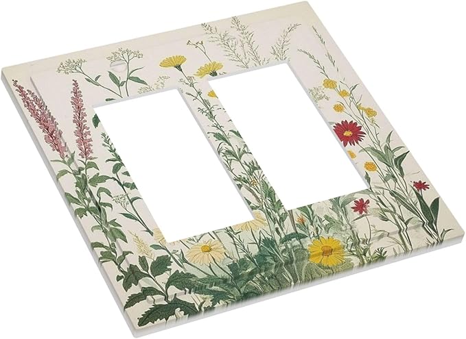 Rustic Wildflower Green Plants Daisy Floral Decorative Outlet Covers 2 Gang Double Gfci Rocker Electrical Wall Panels Light Switch Cover Plate For Farmhouse Bed Room Decor