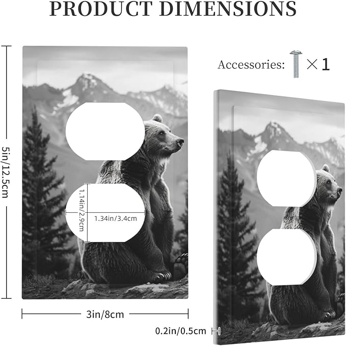 Decorative Outlet Covers Black White Bear Mountain Pine Trees Wilderness 1 Gang Duplex Light Switch Cover Plate Electrical Switch plates Wall Plates Receptacle Cover for Bathroom Bedroom Decor