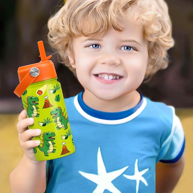 Dinosaur Water Bottle - Water Bottle with Straw Lid for Kids - 12 Oz Insulated Stainless Steel T-Rex Bottles for Kid Boys - Travel Cup for School Sports